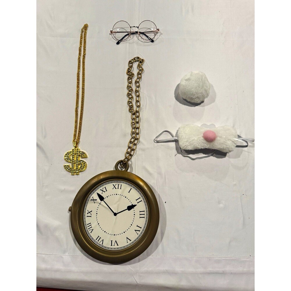White Rabbit Costume Accessories Set Large Clock Glasses Bunny Tail Dollar Chai